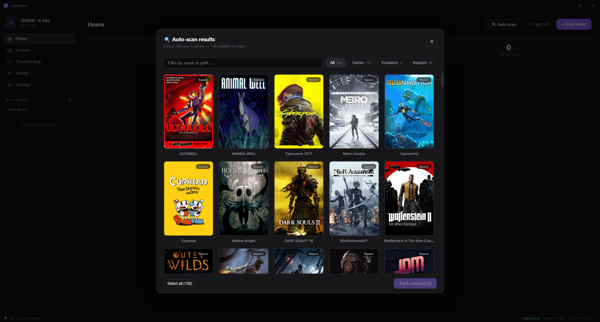 Auto-scan results: a grid of game cover art with 158 save locations found, filterable by Games, Emulators, and Repacks.