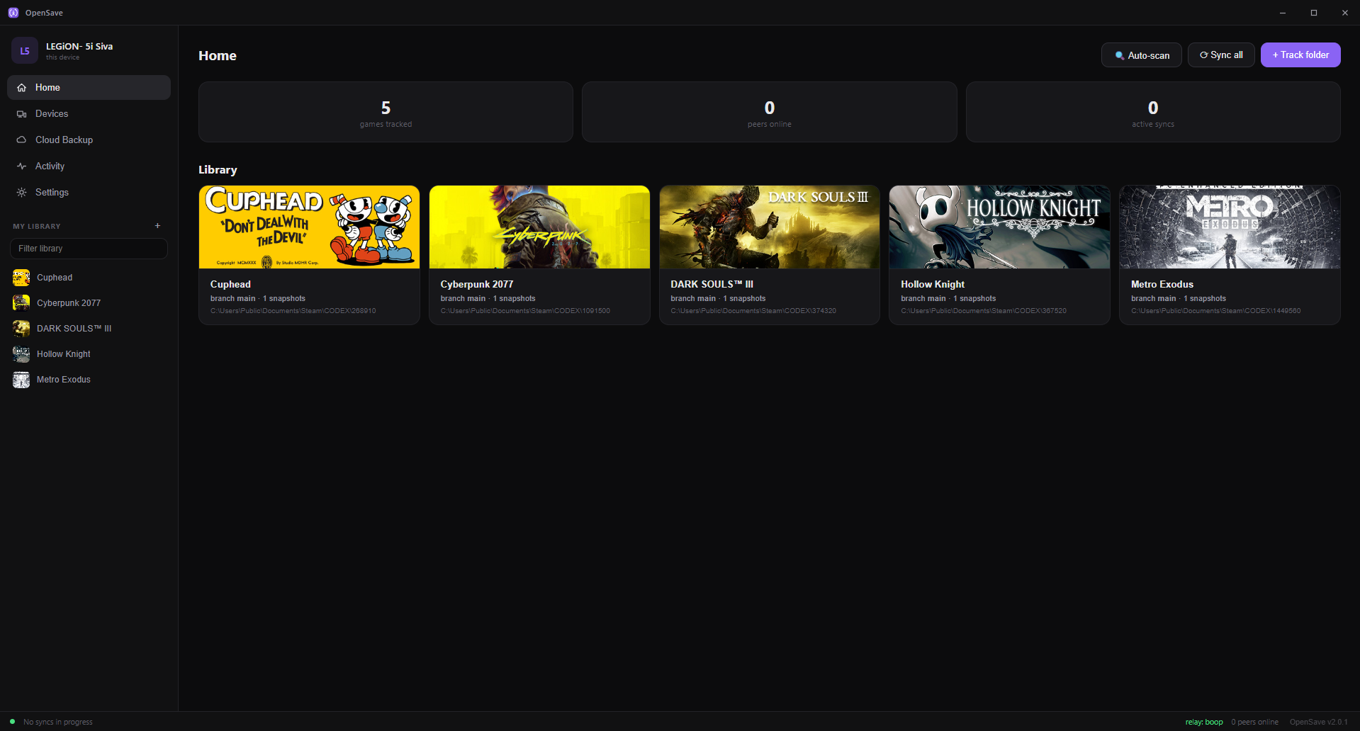 The OpenSave app: a library of games shown as cover-art tiles, each with its sync status and snapshot count.